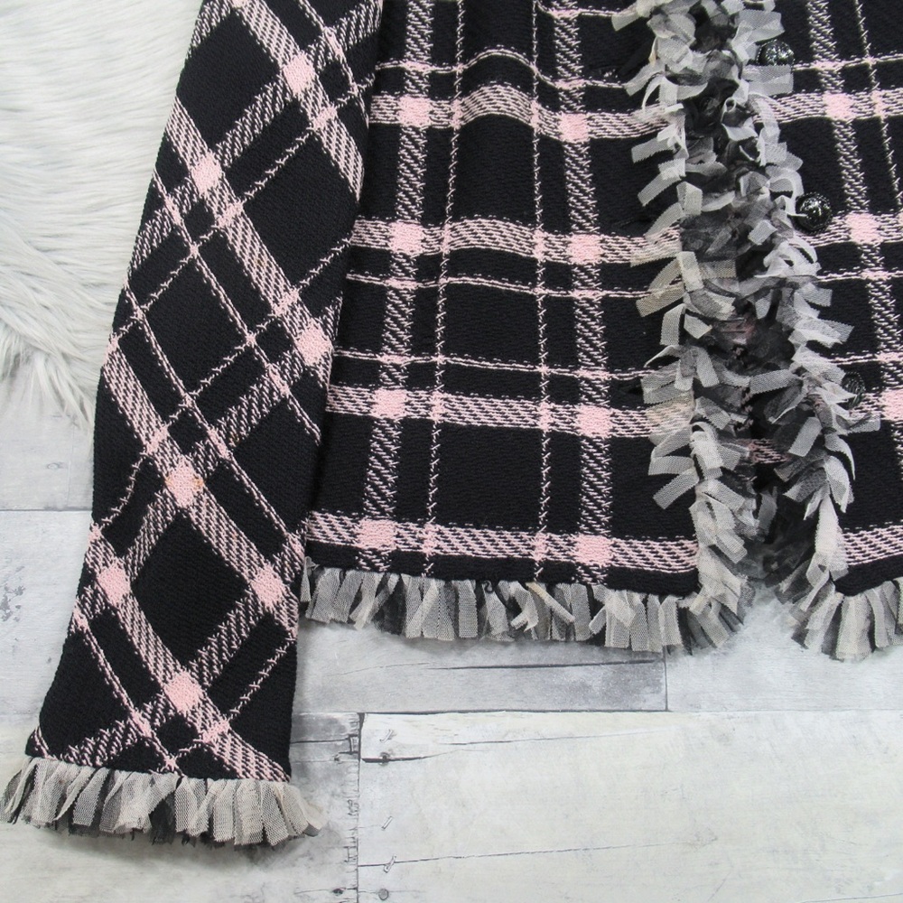 ST. JOHN Santana Knit Pink & Black Plaid Mesh-Fringe Trim Jacket Blazer Size 10 - Picture 4 of 15